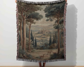 European Tapestry English Countryside French Verdure Deer Tapestry Enchanted Forest Woven Blanket Vintage Throw Antique Decor Chateau Art