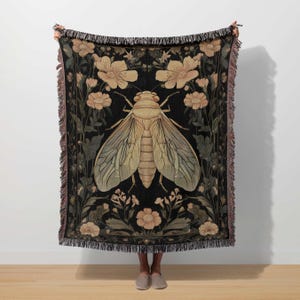 Cicada Woven Blanket Bug Insect Tapestry Gothic Insect Throw Botanical Nature Vintage Entomology Gift Floral Enchanted Ethereal Witchy Decor