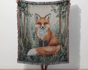 Fox Woven Blanket Cottagecore Tapestry Woodland Animal Boho Nature Floral Whimsical Throw Forest Botanical Fox Blanket Fairycore Decor Gift
