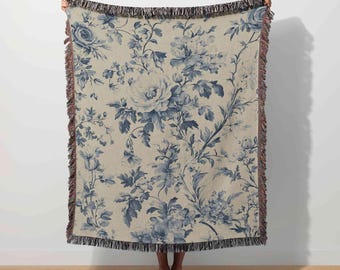 Blue Toile Blanket, Floral Woven Blanket, French Toile Rose, Shabby Chic Blanket, Granny Grandma Throw, Vintage Chinoiserie Tapestry