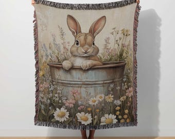 Rabbit Woven Blanket Spring Bunny Throw Cottagecore Tapestry Botanical Bunny Woodland Blanket Farmhouse Garden Floral Nature Whimsical Decor