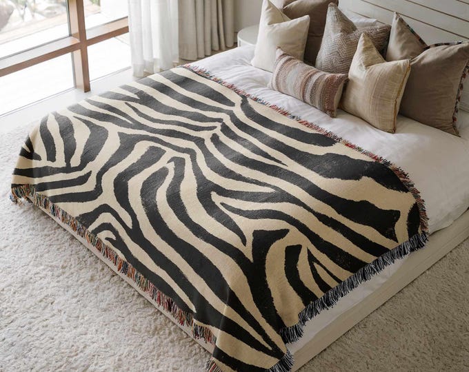 Animal Print Throw Zebra Woven Blanket Maximalist Tapestry Eclectic Home Decor Zebra Print Abstract Pattern Bold Statement Modern Safari
