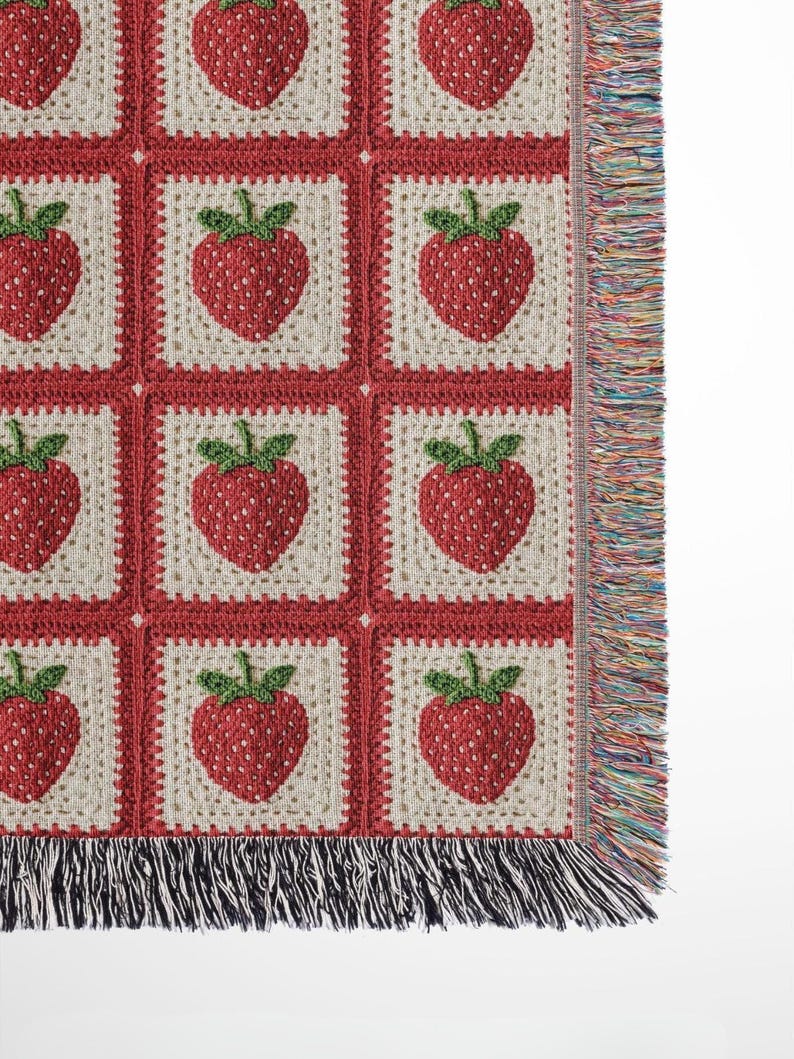Strawberry Blanket Faux Granny Square Cottagecore Blanket Strawberry Crochet Throw Grandma Sherpa Woven Blanket Coquette Aesthetic Cute Gift image 2