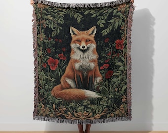 Fox Woven Blanket Cottagecore Tapestry Woodland Animal Boho Nature Floral Whimsical Throw Forest Botanical Fox Blanket Ethereal Decor Gift