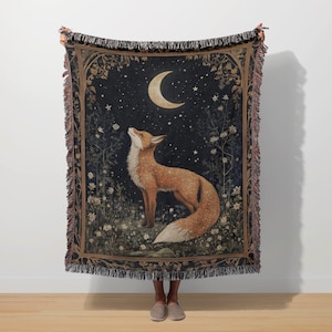 Fox Woven Blanket Cottagecore Tapestry Woodland Animal Mystical Moon Nature Boho Floral Whimsical Throw Forest Sherpa Fairycore Blanket Gift