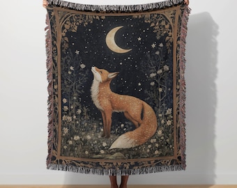 Fox Woven Blanket Cottagecore Tapestry Woodland Animal Mystical Moon Nature Boho Floral Whimsical Throw Forest Sherpa Fairycore Blanket Gift