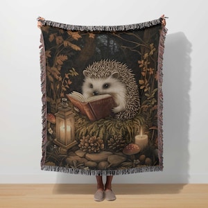 Hedgehog Blanket Forest Animal Tapestry Autumn Fall Throw Cottagecore Decor Woodland Bookish Reading Blanket Whimsical Hedgehog Tapestry
