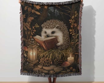 Hedgehog Blanket Forest Animal Tapestry Autumn Fall Throw Cottagecore Decor Woodland Bookish Reading Blanket Whimsical Hedgehog Tapestry
