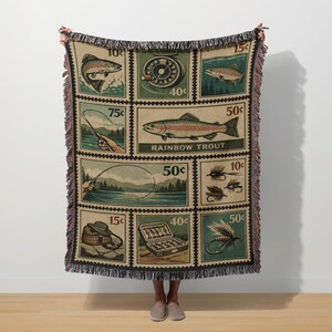 Rainbow Trout Fish Blanket, Retro Fisher Postage Stamp Tapestry, Vintage Fly Fishing Fisherman Gift, Outdoorsman Cabin Decor Throw