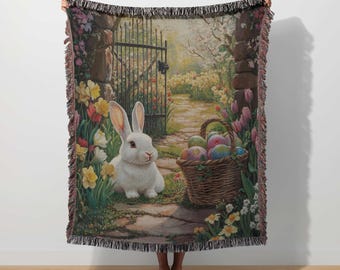 Rabbit Woven Blanket Spring Bunny Throw Cottagecore Tapestry Easter Bunny Woodland Blanket Farmhouse Botanical Garden Nature Whimsical Decor