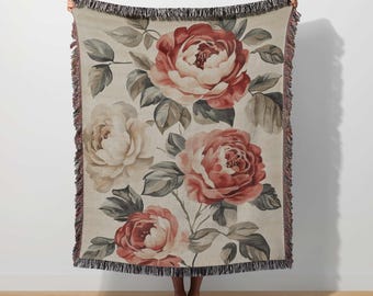 Floral Woven Blanket Rose Flower Throw Cottagecore Gift Vintage Floral Tapestry Botanical Decor French Country Romantic Maximalist Blanket