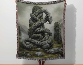 Celtic Serpent Dragon Tapestry Medieval Dragon Blanket Gothic Fantasy Dragon Throw Witchy Mythical Creature Art Enchanted Forest Home Decor