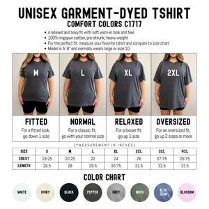 The image is a collage of four images showing different sizes of a gray t-shirt, with a color chart below each size.