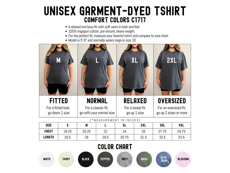 The image is a collage of four images showing different sizes of a gray t-shirt, with a color chart below each size.