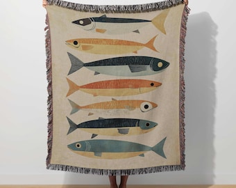 Sardine Fish Blanket Retro Tinned Fish Woven Throw Coastal Nautical Tapestry Fisherman Aesthetic Vintage Seaside Beach Decor Marine Ocean