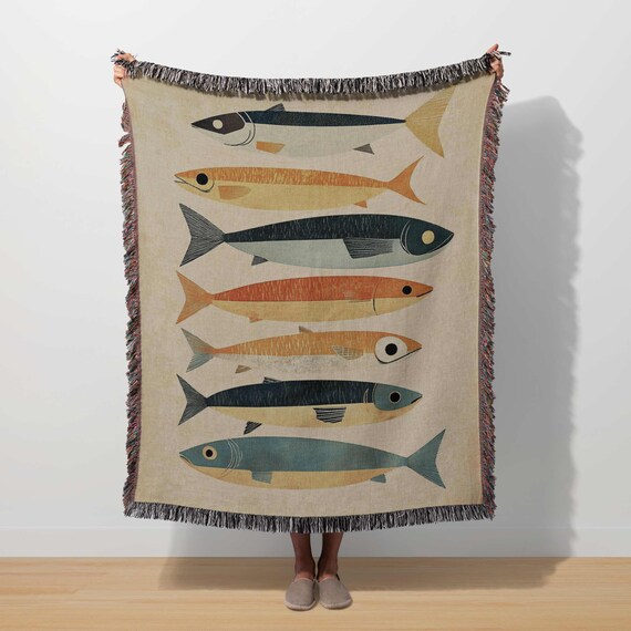 Sardine Fish Blanket Retro Tinned Fish Woven Throw Coastal Nautical Tapestry Fisherman Aesthetic Vintage Seaside Beach Decor Marine Ocean