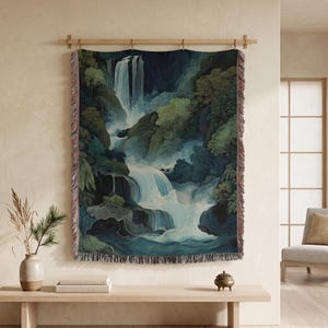 Japanese Landscape, Japandi Tapestry, Nature Woven Blanket, Waterfall Art, Abstract Throw Zen Home Decor Traditional Asian Oriental Tapestry