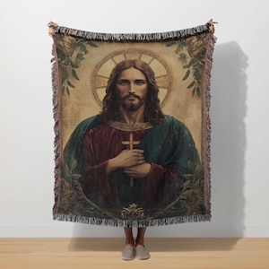 Jesus Christ Blanket, Cross Woven Tapestry, Christian Devotional Throw, Catholic Religious Decor, Faith Based Art, Sacred Prayer, Icon Style