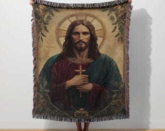 Jesus Christ Blanket, Cross Woven Tapestry, Christian Devotional Throw, Catholic Religious Decor, Faith Based Art, Sacred Prayer, Icon Style