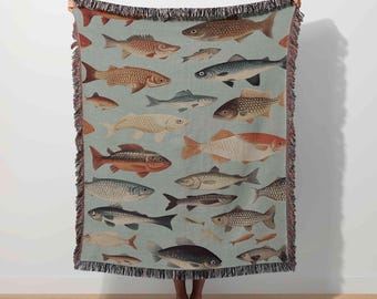 Lake House Blanket, Fishing Tapestry, Rainbow Trout, Fish Woven Throw, Fisherman Gift, Retro Nautical Coastal, Vintage Sardine, Cabin Decor
