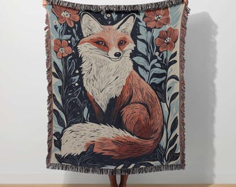 Fox Woven Blanket Cottagecore Tapestry Woodland Animal Boho Nature Floral Whimsical Throw Matisse Botanical Abstract Fox Blanket Folklore