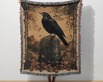 Gothic Raven Blanket Dark Academia Crow Tapestry Vintage Raven Witchy Goth Decor Forest Woven Blanket Goblincore Gift Halloween Raven Throw