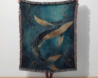 Celestial Whale Woven Blanket Marine Life Ocean Abstract Sea Animal Throw Mystical Tapestry Ethereal Cosmic Underwater Galaxy Nautical Whale