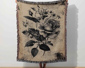 Rose Woven Blanket Vintage Tapestry Antique Botanical Floral Art Throw Romantic Shabby Chic Cottagecore Light Academia Decor Flower Blanket