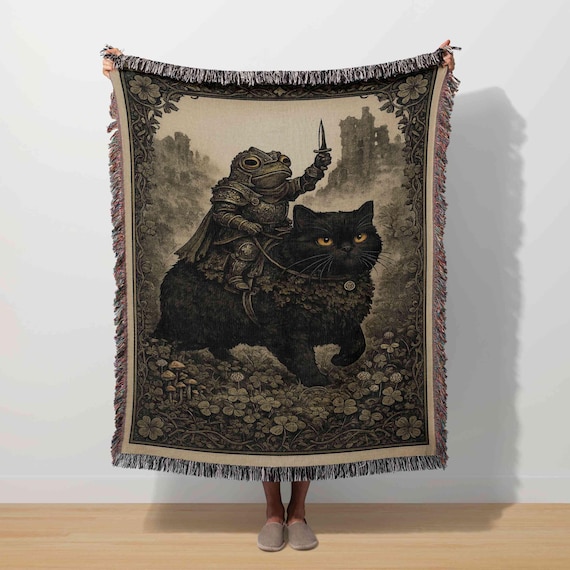 Funny Medieval Cat Woven Tapestry, Weird Frog Blanket, Quirky Black Cat Knight, Ren Faire Decor, Renaissance Fantasy, Vintage Mythical Humor