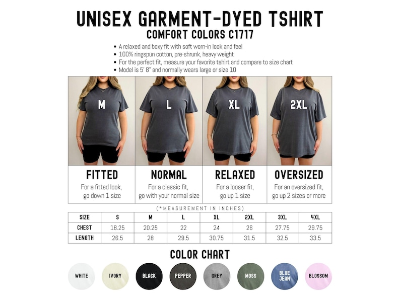 The image is a collage of four images showing different sizes of a gray t-shirt, with a color chart below each size.