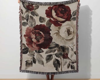 Floral gewebte Decke Pfingstrose Blumen Überwurf Cottagecore Geschenk Vintage Floral Tapisserie Botanisches Dekor Französische Land Romantische Maximalist Decke