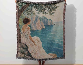 Mediterranean Throw, Greek Woven Blanket, Coastal Tapestry, Amalfi Coast, Classical Decor, Greece Home Decor