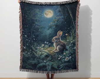 Rabbit Woven Blanket Mystical Bunny Throw Cottagecore Tapestry Mystical Bunny Enchanted Forest Woodland Blanket Whimsical Nature Botanical