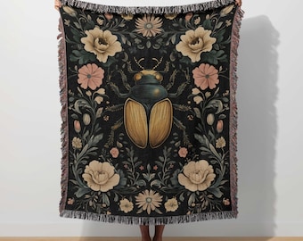 Beetle Woven Blanket Bug Insect Tapestry Gothic Beetle Throw Botanical Nature Vintage Entomology Gift Floral Enchanted Ethereal Witchy Decor