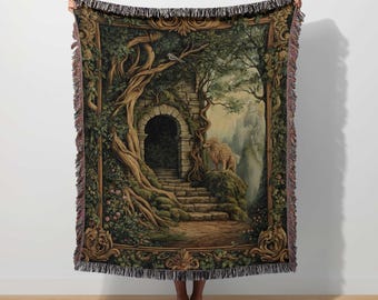Enchanted Forest Woven Tapestry Medieval Castle Blanket Fantasy Throw Vintage Mythical Art Whimsical Forest Botanical Ethereal Nature Decor