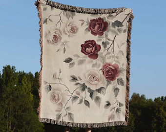 Floral Woven Blanket Rose Flower Throw Cottagecore Gift Vintage Floral Tapestry Botanical Decor French Country Romantic Maximalist Blanket