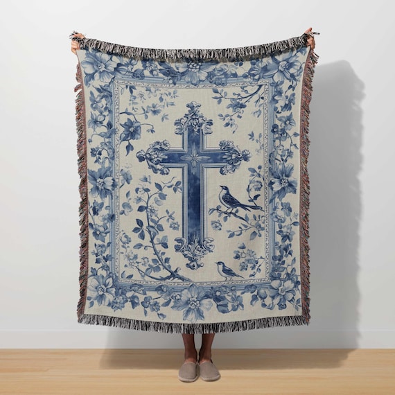 Christian Blanket Cross Woven Throw Toile Floral Blanket Blue Chinoiserie Religious Tapestry Faith Based Home Decor Catholic Gift Worship