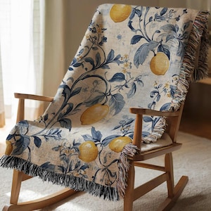 Lemon Toile Blanket Blue Chinoiserie Lemon Woven Blanket Greek Floral Tapestry Mediterranean Italian Summer Decor Amalfi Coastal Throw Gift