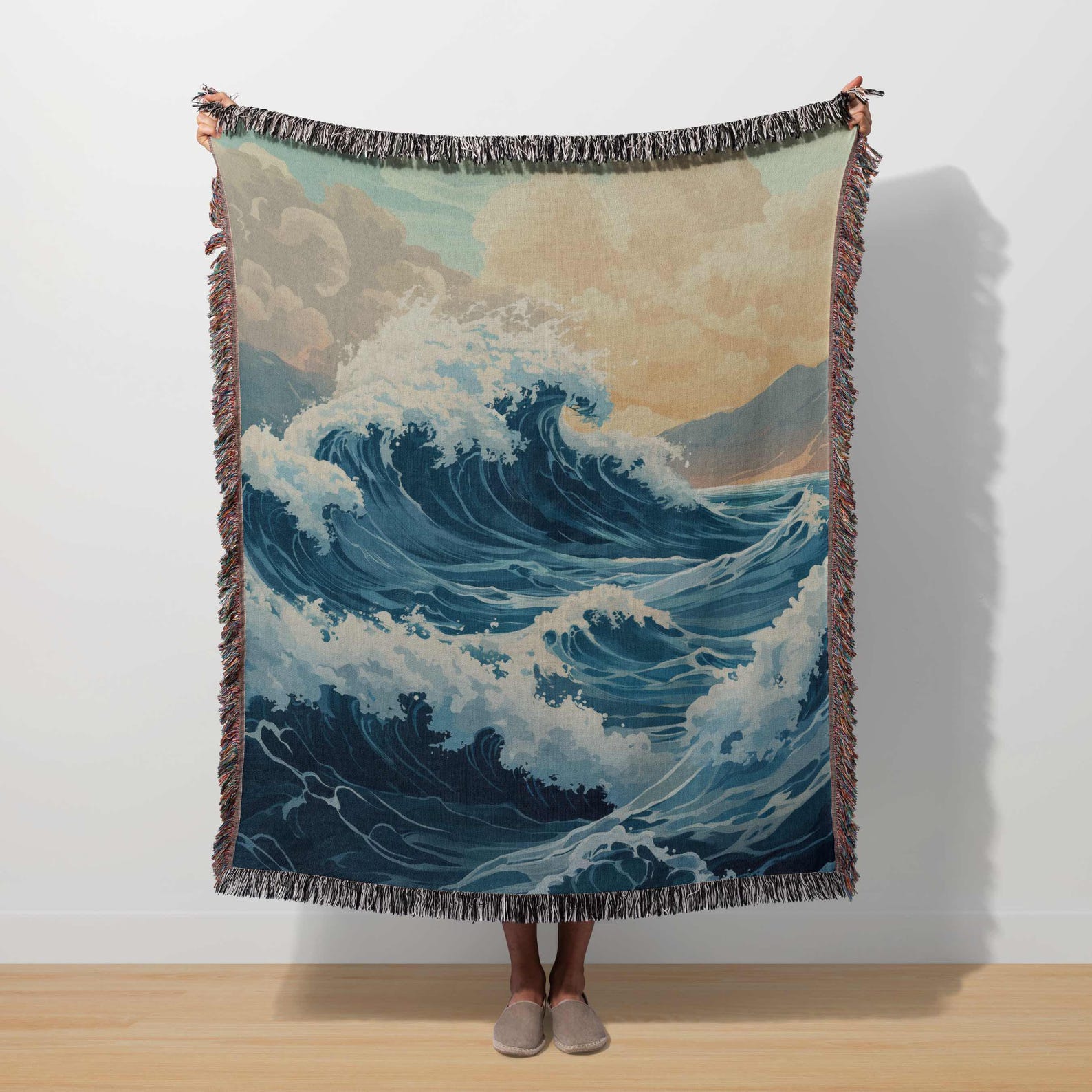 Coastal Woven Blanket Retro Nautical Throw Blue Waves