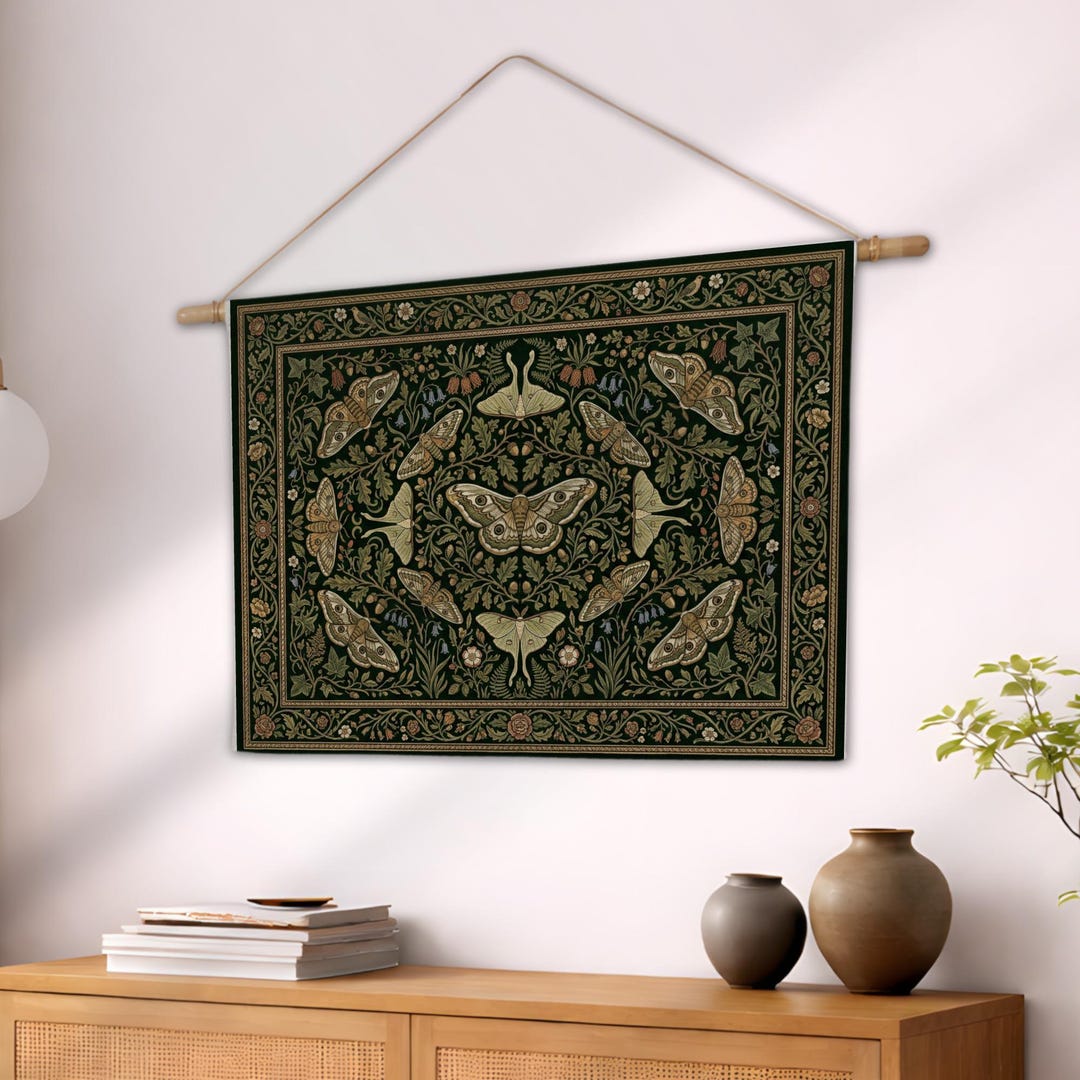 Luna Moth Woven Tapestry, Botanical William Morris Style Blanket, Dark ...