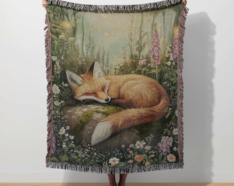 Fox Woven Blanket Cottagecore Tapestry Woodland Animal Mystical Moon Nature Boho Floral Whimsical Throw Forest Botanical Fox Blanket Gift
