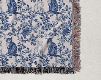 Toile Cat Blanket Chinoiserie Cat Lady Mom Throw Blue Toile de Jouy Blanket Crazy Cat Woven Blanket Kitty Mama Sherpa Floral Cat Fleece Gift