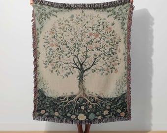 Tree of Life Blanket Cottagecore Tapestry Tree Woven Throw Enchanted Forest Floral Nature Decor Botanical Mythology Garden Spiritual Earth