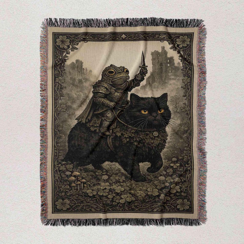 a black cat riding on the back of a frog, both wearing armor and holding swords.