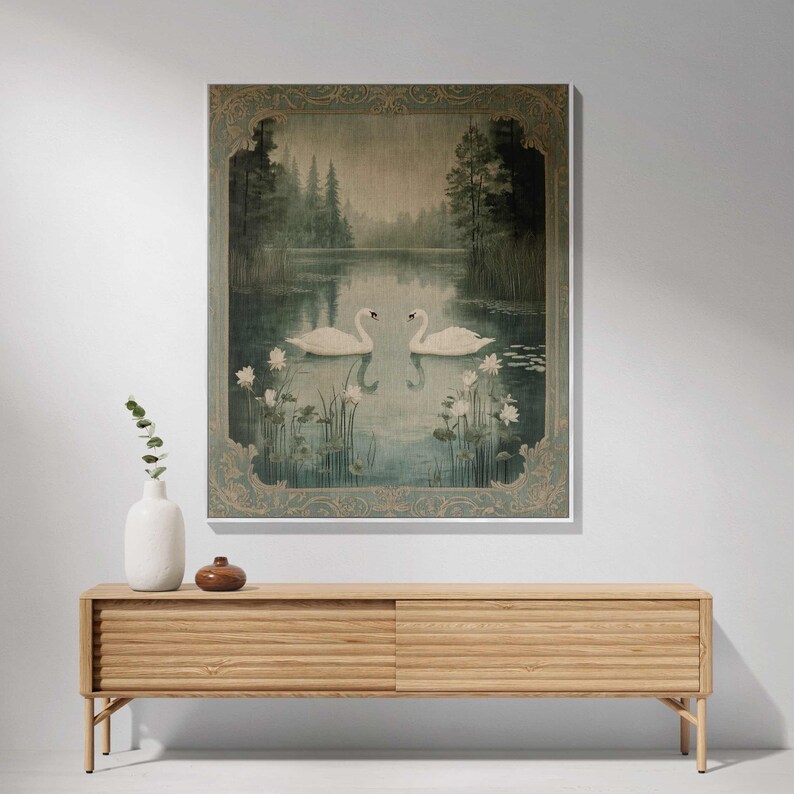 a painting of two swans on a lake