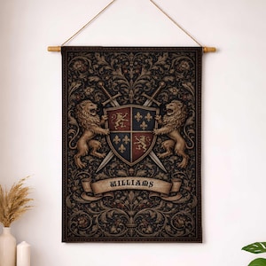 May include: A tapestry featuring a heraldic design with a shield, swords, and lions. The shield is divided into sections with fleur-de-lis and lion emblems. The name "WILLIAMS" is displayed on a banner below the shield. The tapestry is framed by an ornate floral pattern.