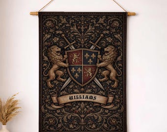 Personalized Medieval Tapestry, Custom Name Crest Woven Art, Royal Lion Shield Wall Hang, Coat of Arms, Heraldic Sword, Gothic Fantasy Decor