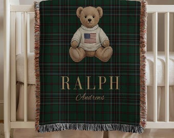Personalized Bear Baby Blanket, Custom Name Teddy Bear, Green Tartan Plaid Throw, Preppy Boy Nursery Decor, Heritage Baby Shower Gift