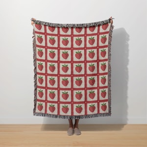Strawberry Blanket Faux Granny Square Cottagecore Blanket Strawberry Crochet Throw Grandma Sherpa Woven Blanket Coquette Aesthetic Cute Gift image 1