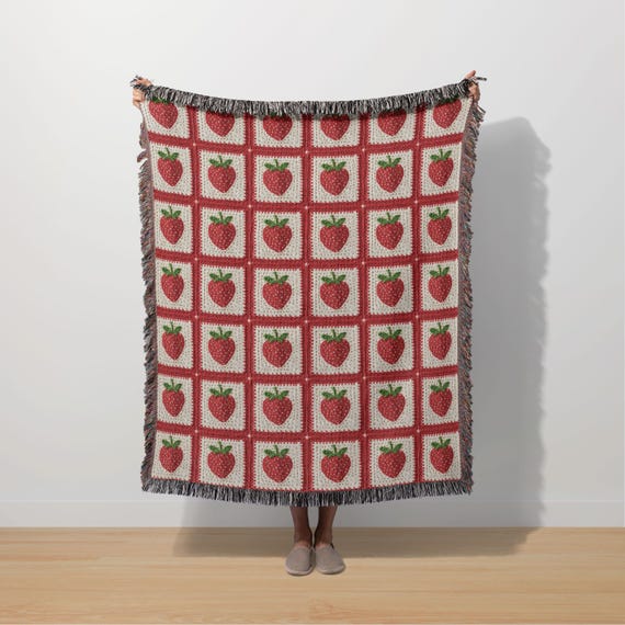 Strawberry Blanket Faux Granny Square Cottagecore Blanket Strawberry Crochet Throw Grandma Sherpa Woven Blanket Coquette Aesthetic Cute Gift